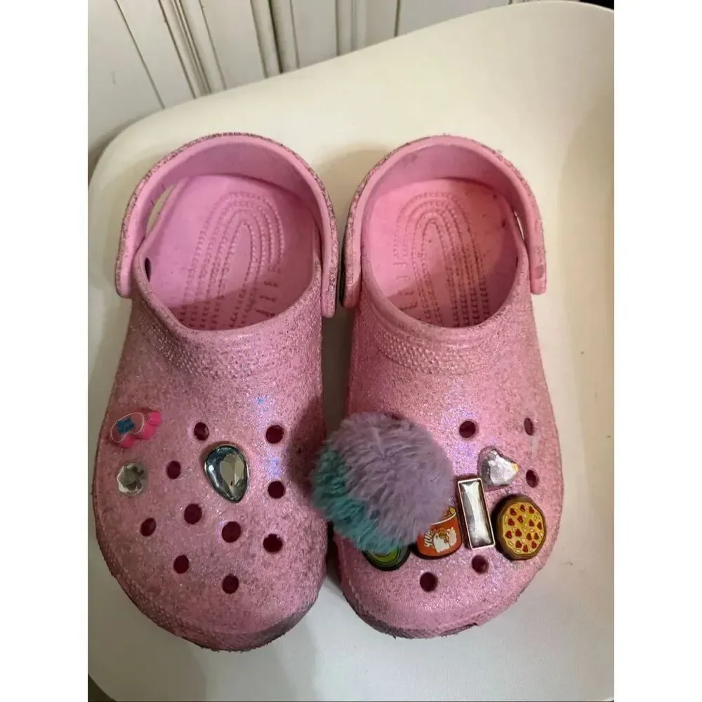 Crocs Girls Glittered Jibbitz Classic Clog Sandals Pink Size 4